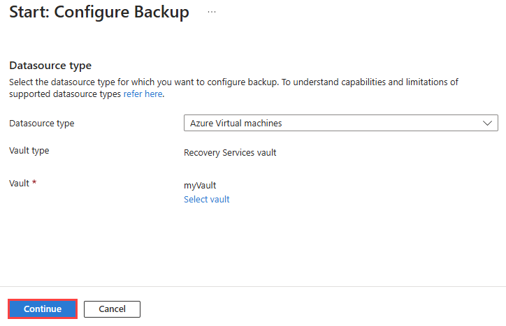 Recorte de pantalla que muestra cómo seleccionar el almacén de Recovery Services.