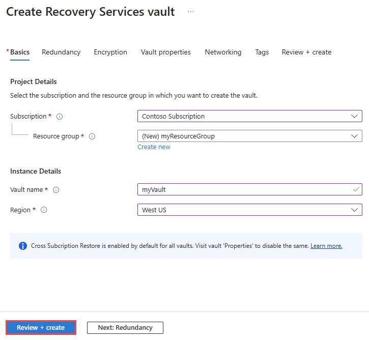 Recorte de pantalla que muestra la pestaña Aspectos básicos de la creación de un almacén de Recovery Services en Azure Portal.