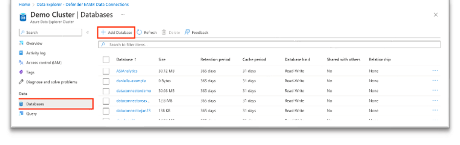 Captura de pantalla que muestra Azure Data Explorer Agregar base de datos.