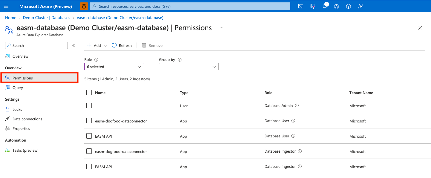 Captura de pantalla que muestra los permisos de Azure Data Explorer.