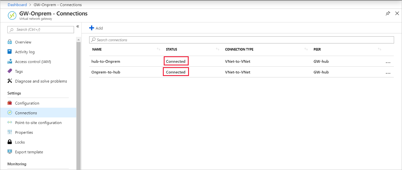 Recorte de pantalla mostrando las conexiones de la VPN Gateway.