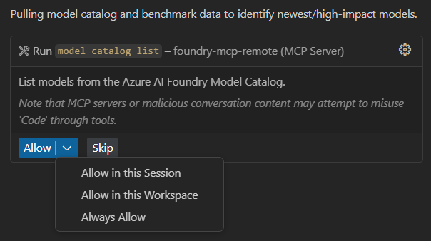Captura de pantalla de las opciones para ejecutar las operaciones del servidor MCP de Foundry.