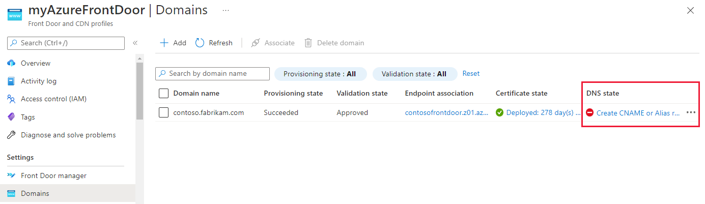Captura de pantalla en la que se muestra el vínculo de estado de DNS.
