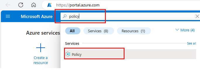 Screenshot of the Azure portal to search for policy.