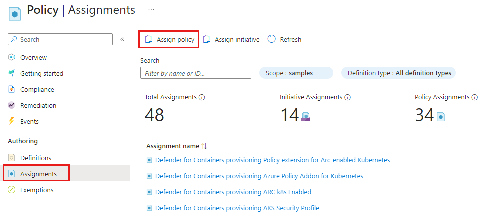 Screenshot of the Assignments pane that highlights the option to Assign policy.