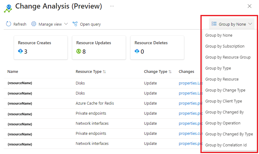 Captura de pantalla de la lista desplegable para seleccionar cómo agrupar los resultados de Change Analysis.