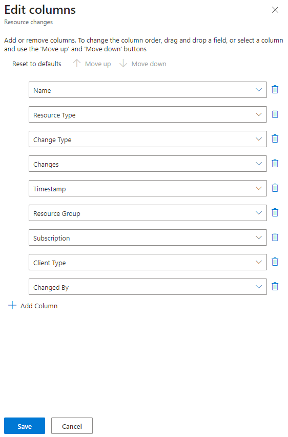 Captura de pantalla de las opciones del panel Editar columnas.
