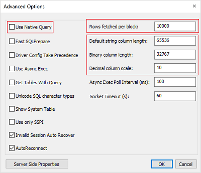 Opciones de configuración avanzada de DSN.