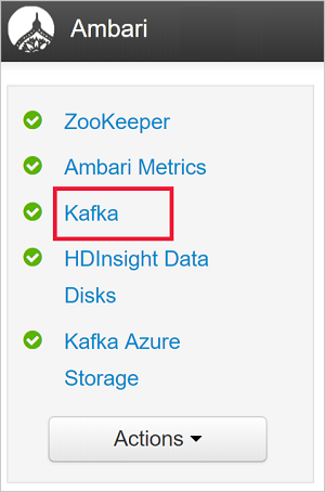 Service list with Kafka highlighted.