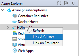 Azure Explorer link cluster menu.