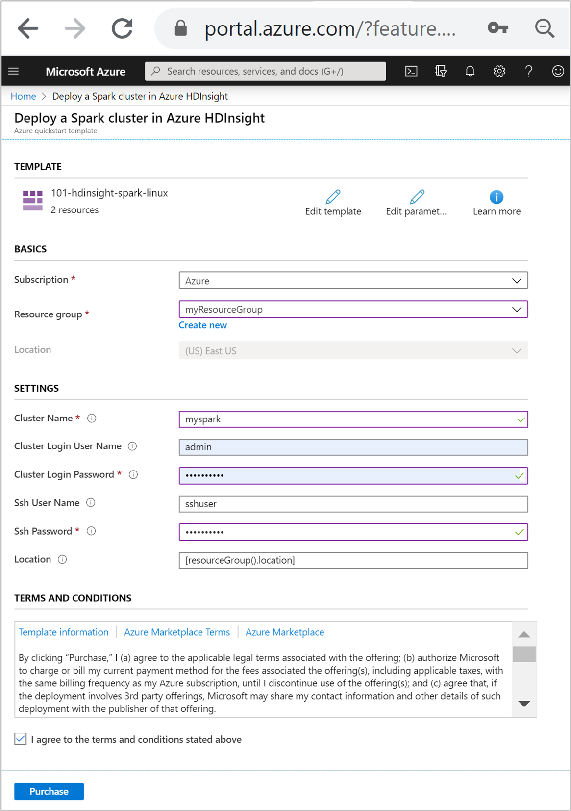 Create Spark cluster in HDInsight using Azure Resource Manager template.