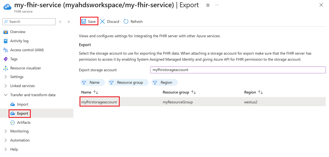 Captura de pantalla que muestra la interfaz de usuario del almacenamiento de exportación de FHIR.