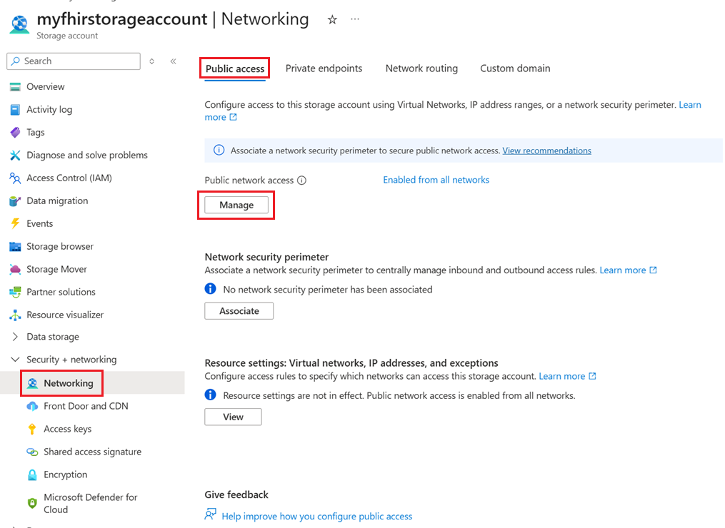 Captura de pantalla de la configuración de redes de Azure Storage.