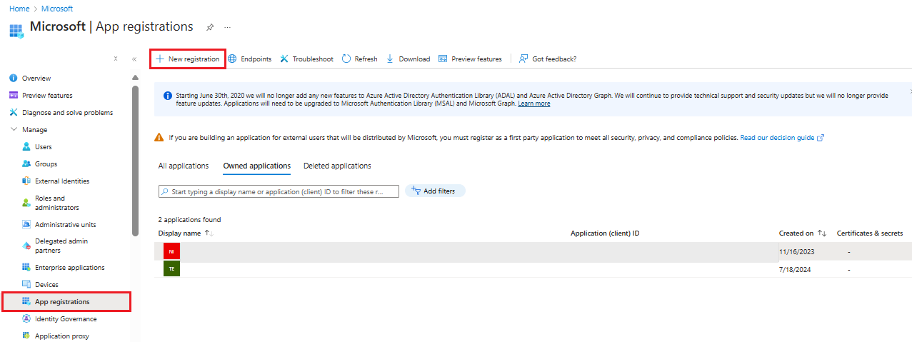 Captura de pantalla que muestra el menú Registros de aplicaciones en la sección Administrar de Microsoft Entra ID.