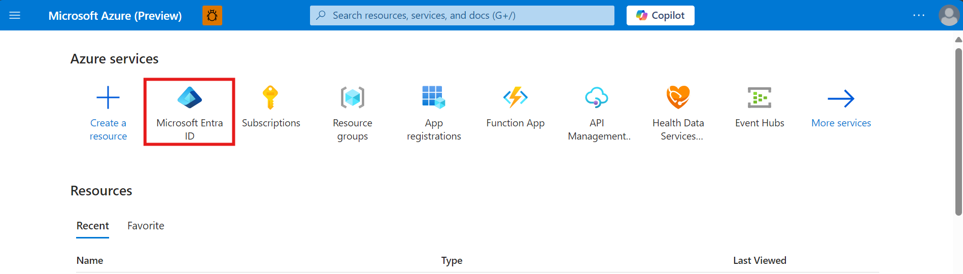 Captura de pantalla que muestra la sección Microsoft Entra ID de Azure Portal.
