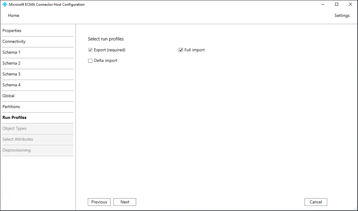 Captura de pantalla que muestra la página Perfiles de ejecución.