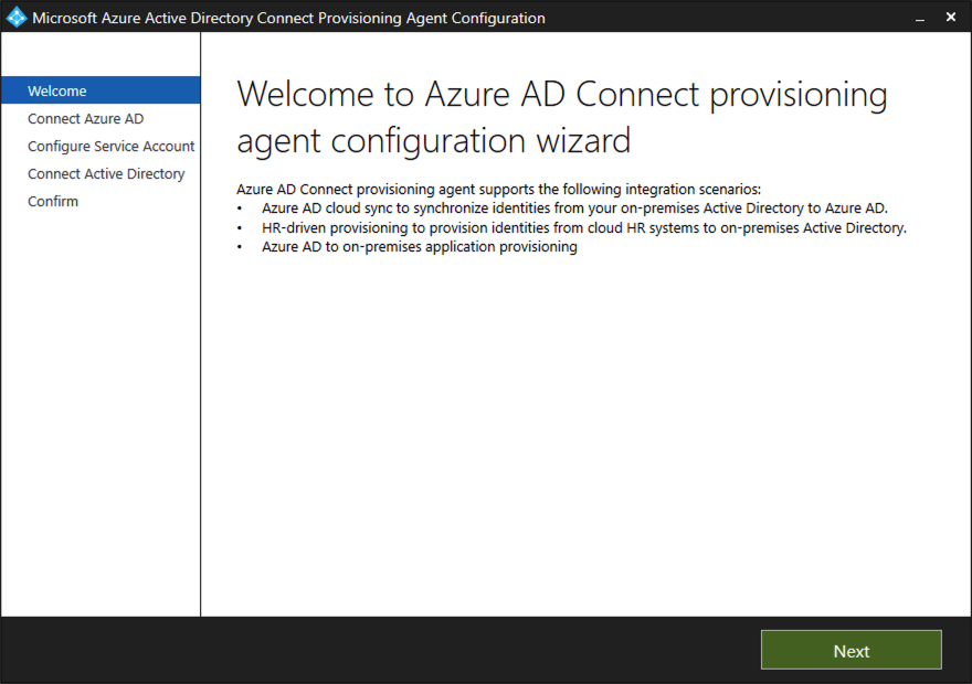 Captura de pantalla que muestra la pantalla de bienvenida del asistente para la configuración del agente de aprovisionamiento de Azure AD Connect.