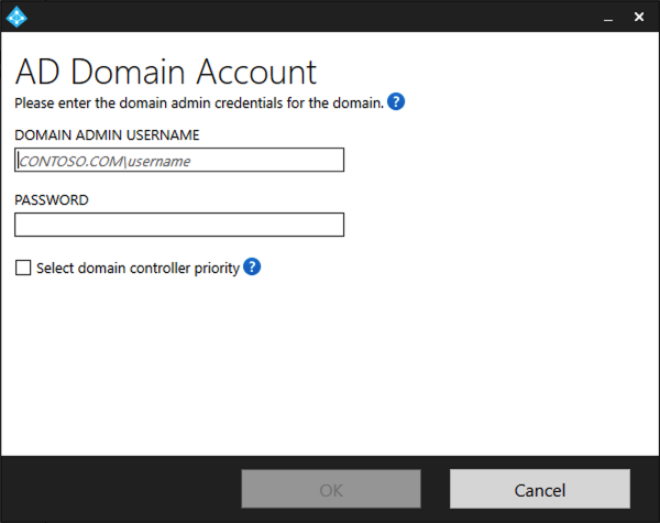Captura de pantalla que muestra cómo proporcionar las credenciales de administrador de dominio.