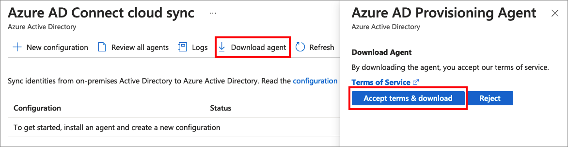 Captura de pantalla que muestra cómo aceptar los términos e iniciar la descarga de Azure AD Cloud Sync.