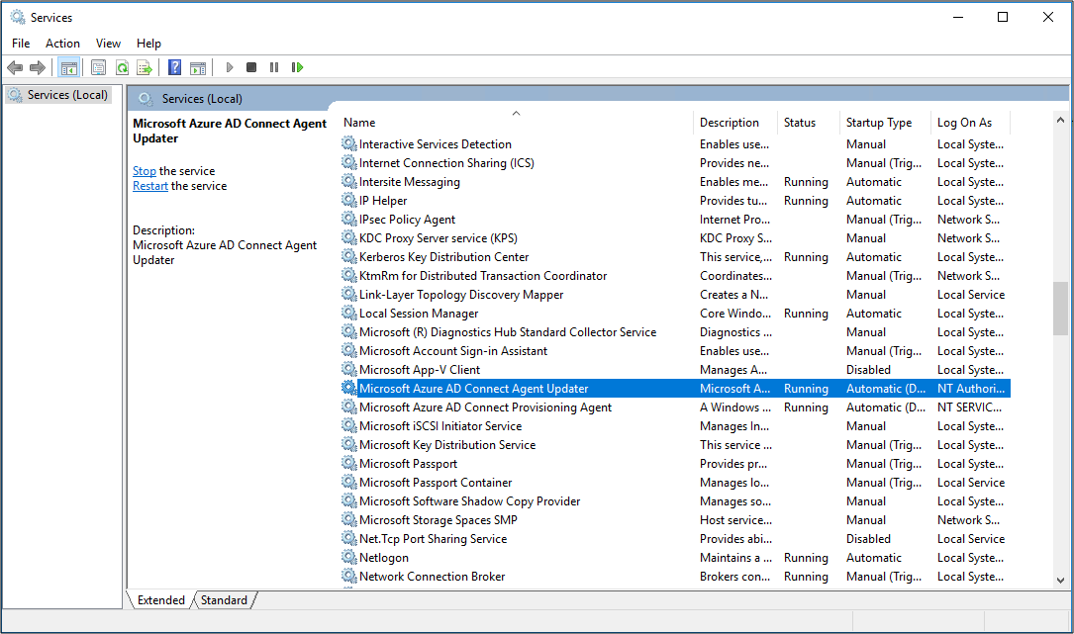Captura de pantalla que muestra los servicios de Windows.