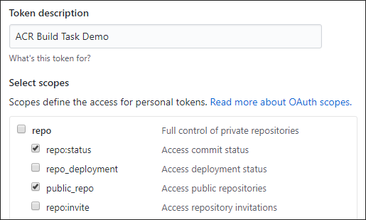 Captura de pantalla de la página de generación de un token de acceso personal en GitHub