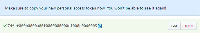 Captura de pantalla del token de acceso personal que se generó en GitHub