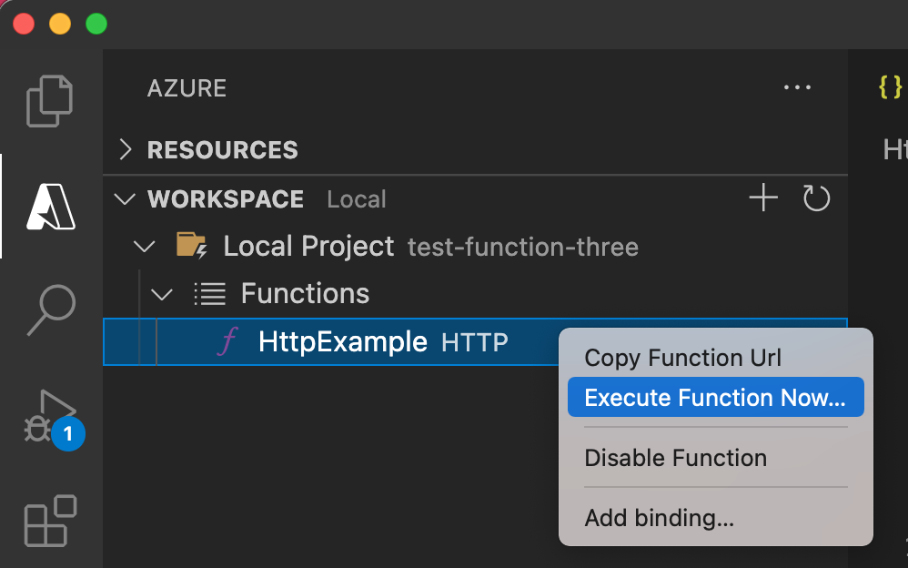 Captura de pantalla de la opción Ejecutar la función ahora de Visual Studio Code.