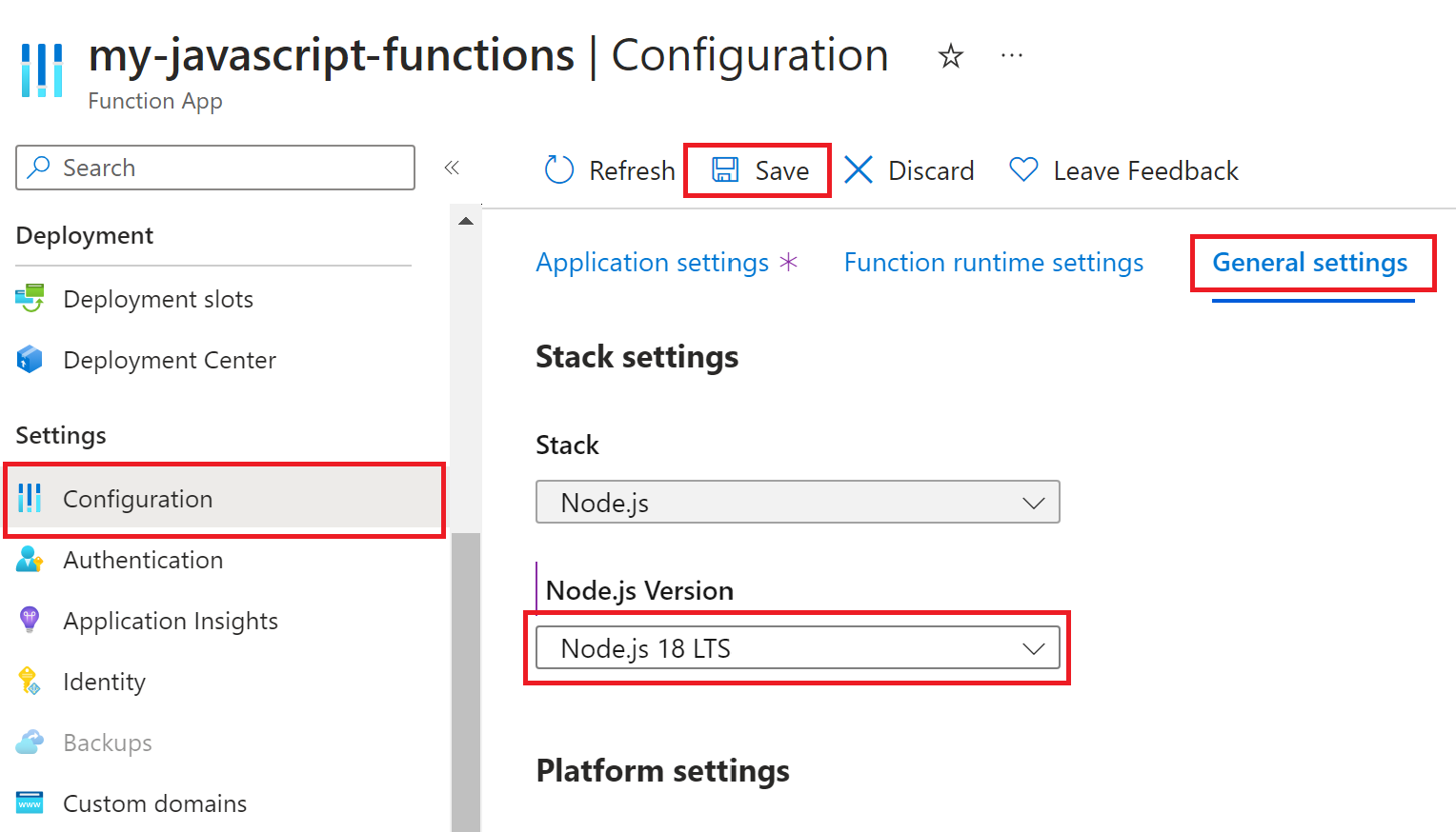 Captura de pantalla de la configuración de Node.js de la aplicación de funciones en la última versión de LTS en el Azure Portal.