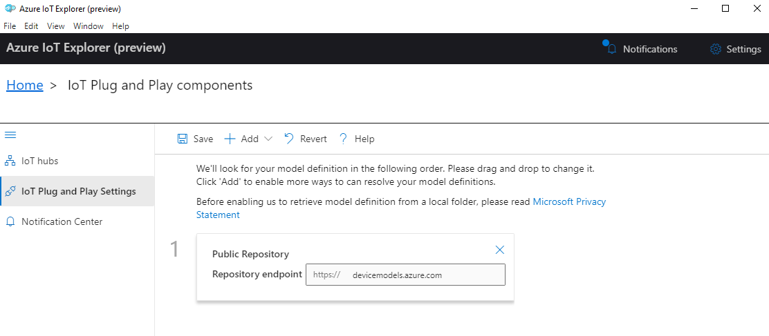 Captura de pantalla de la adición del repositorio de modelos público en IoT Explorer
