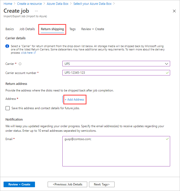 Screenshot of the Return Shipping tab for an import job in Azure Data Box. The Return Shipping tab and the Plus Add Address button are highlighted.