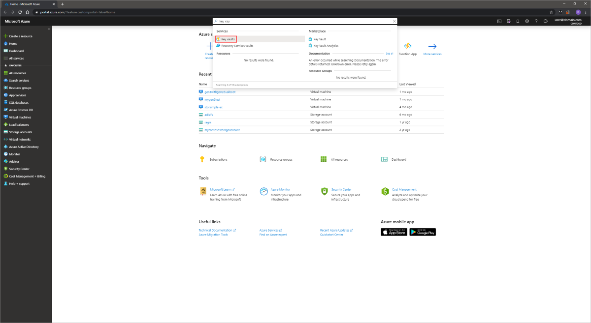 Captura de pantalla de Azure Portal con el cuadro de diálogo de búsqueda expandido.