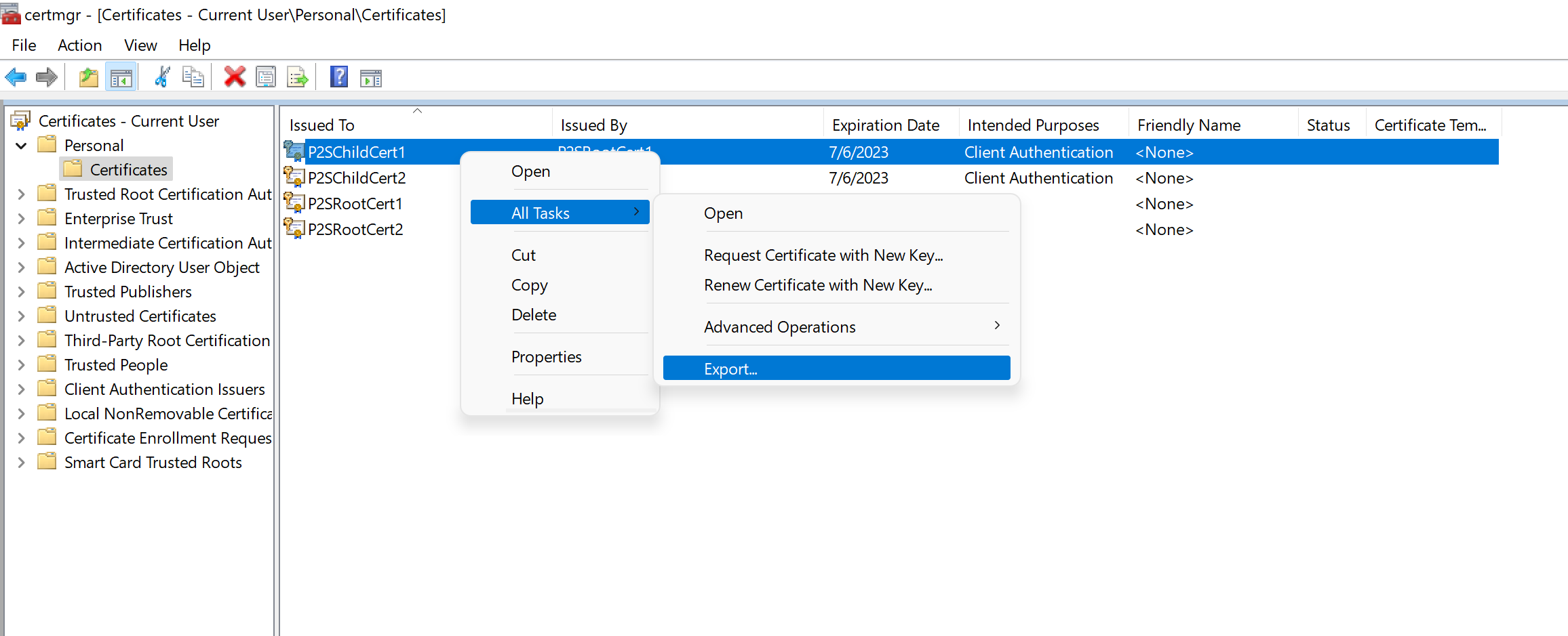 Captura de pantalla en la que se muestra la ventana Certificados con Todas las tareas y Exportar seleccionados.