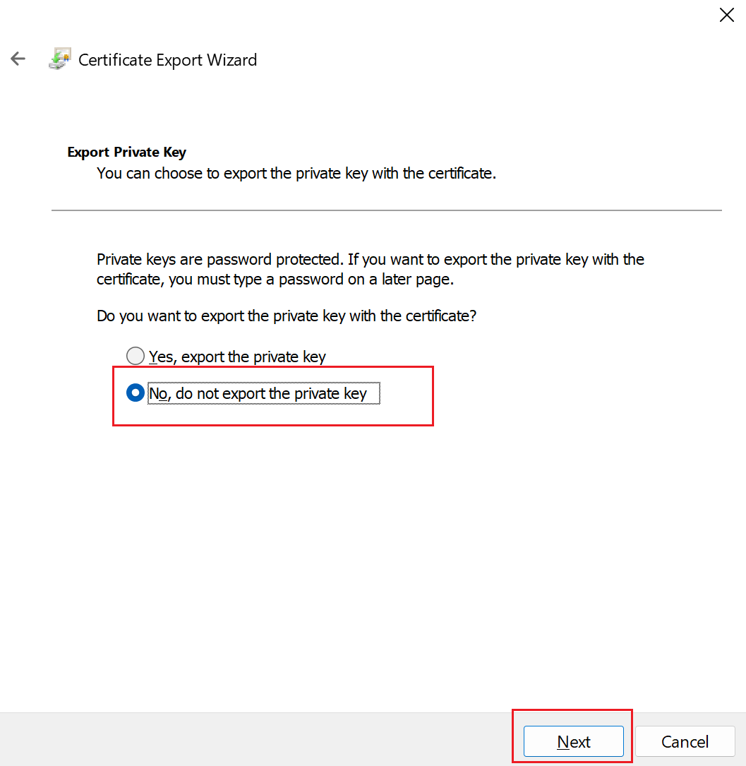 Captura de pantalla en la que se muestra No exportar la clave privada.