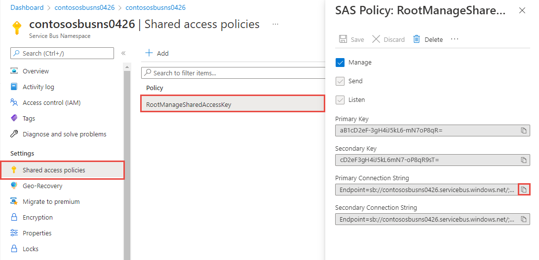 Esta captura de pantalla muestra una directiva de SAS llamada RootManageSharedAccessKey, que incluye claves y cadenas de conexión.