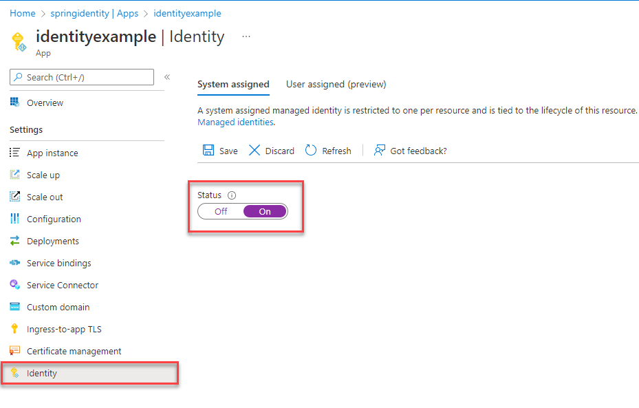Captura de pantalla que muestra cómo habilitar la identidad administrada para Azure Spring Apps.