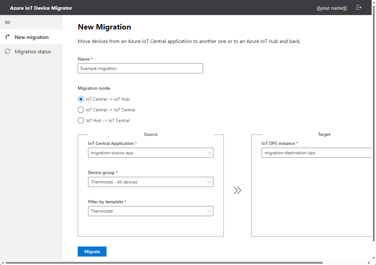 Screenshot of migration tool that shows the migration definition.