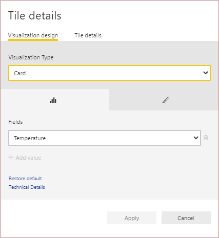 Captura de pantalla que muestra la definición de la tarjeta en el panel de control de Power BI.