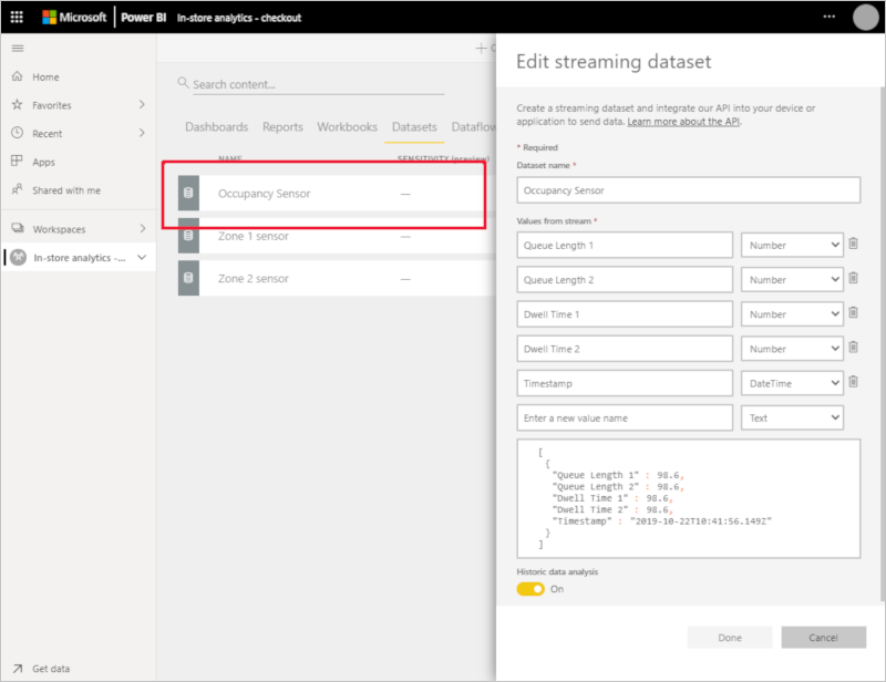 Captura de pantalla que muestra la definición de datos de la ocupación en Power BI.