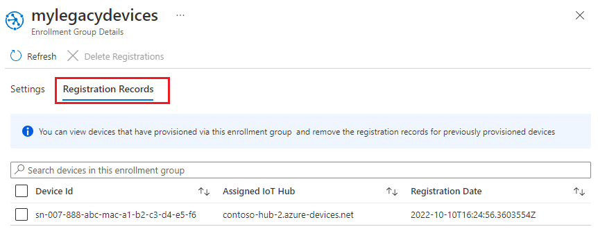 Captura de pantalla que muestra las entradas de registro del grupo de inscripción en Azure Portal.
