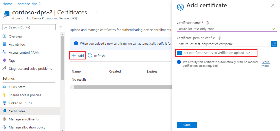Captura de pantalla que muestra cómo agregar el certificado de CA raíz a una instancia de DPS.