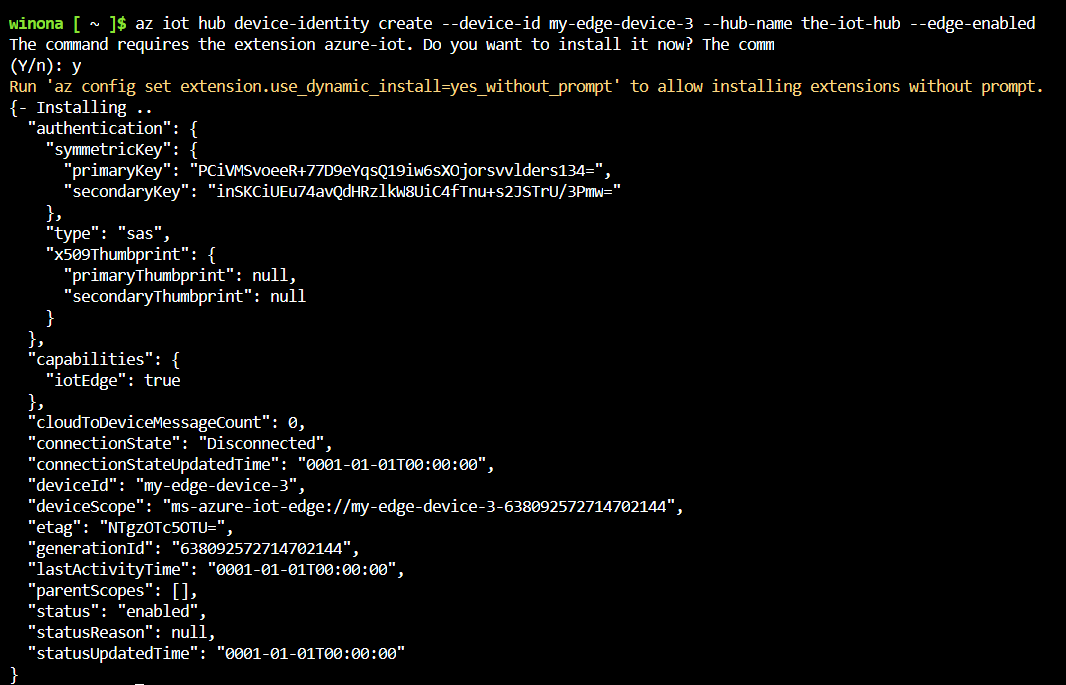 Captura de pantalla que muestra la salida de la consola de la ejecución del comando az iot hub device-identity create.