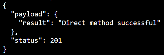 Captura de pantalla de una ventana de Azure Cloud Shell en la que se muestran el código de estado y la carga de un método directo invocado.
