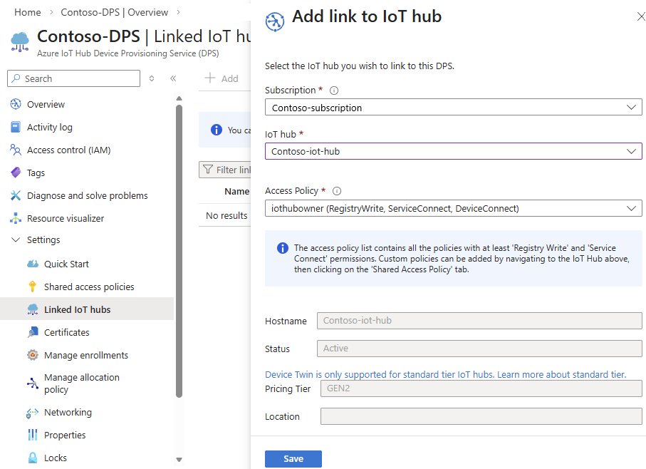 Captura de pantalla que muestra cómo vincular un centro de IoT a la instancia de servicio aprovisionamiento de dispositivos en el portal.