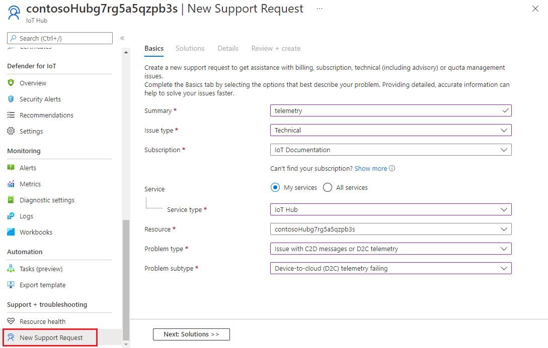 Captura de pantalla que muestra la selección de un problema en Azure Portal solicitud de soporte técnico.
