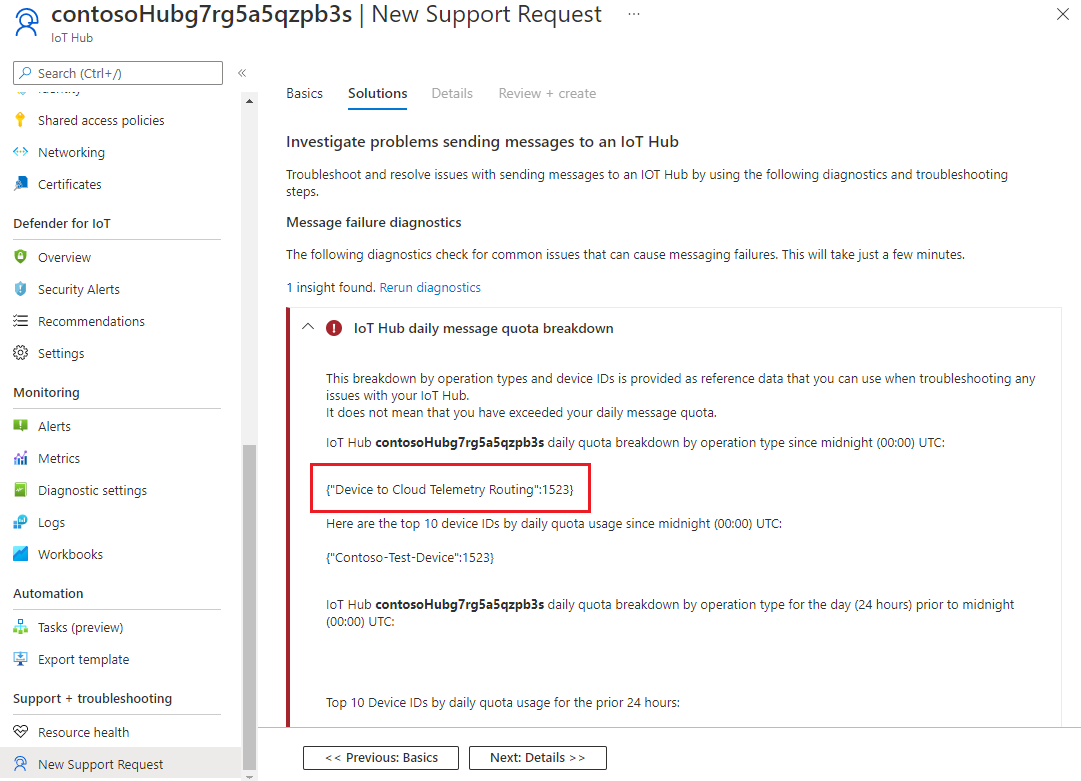 Captura de pantalla que muestra el uso de la cuota en una solicitud de soporte técnico de Azure Portal.