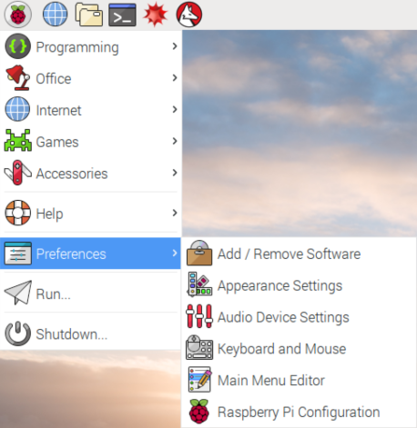 Recorte de pantalla que muestra el sistema operativo Raspberry Pi con el menú Preferencias.