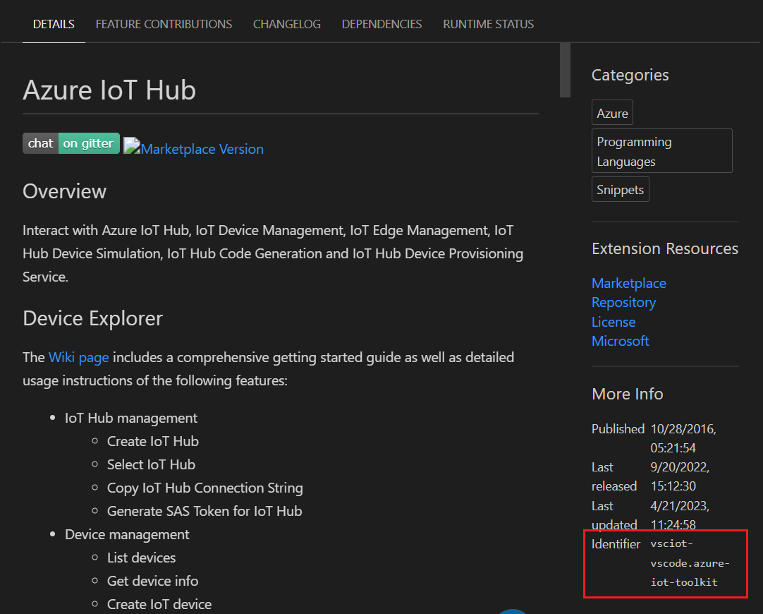 Captura de pantalla que muestra el identificador de extensión para la extensión Azure IoT Hub desde la página de detalles de la extensión.