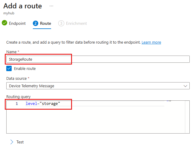 Captura de pantalla que muestra cómo agregar una ruta con una consulta de enrutamiento.