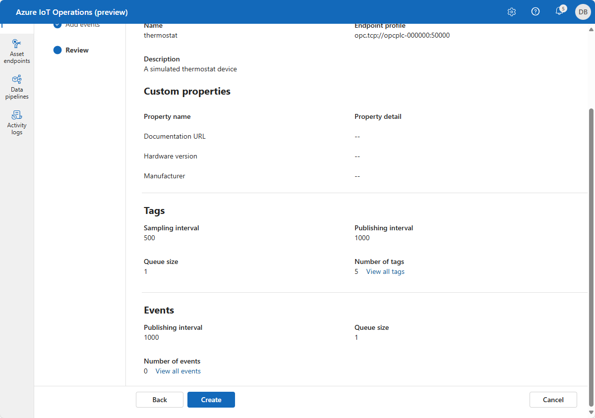 Captura de pantalla que muestra cómo revisar el recurso, las etiquetas y los eventos en el portal Operaciones de IoT de Azure (versión preliminar).