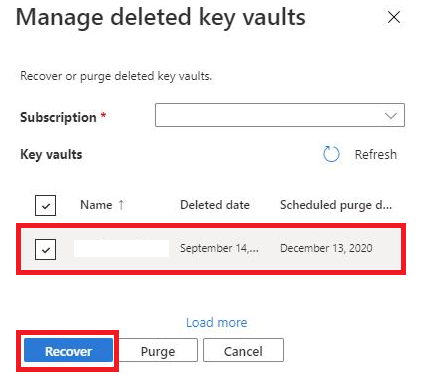 En Manage deleted key vaults (Administrar almacenes de claves eliminados), el único almacén de claves que aparece está resaltado y seleccionado, y el botón Recuperar, también está resaltado.